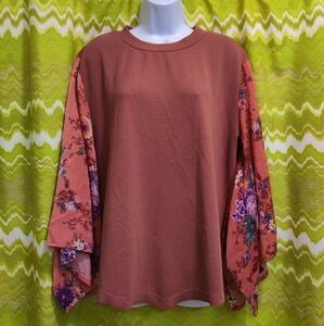 Terracotta Floral Top With Kimono Sleeves